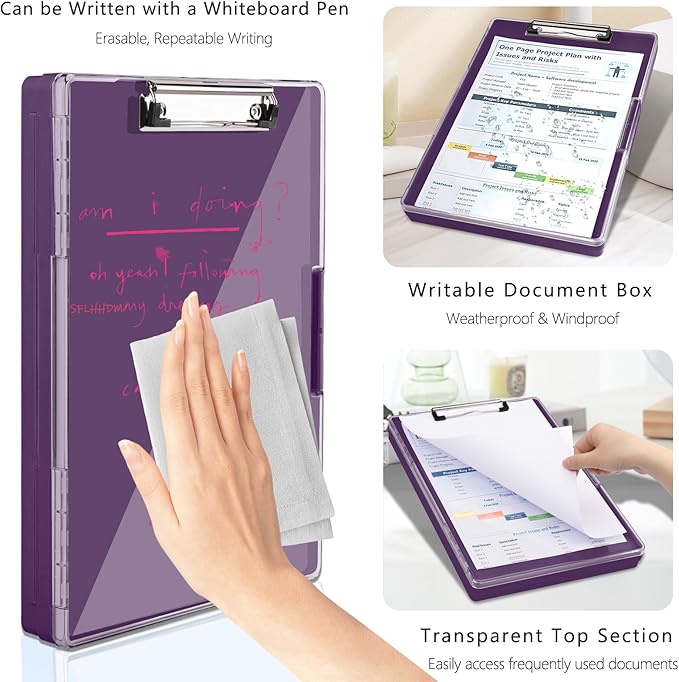 SFLHHDM Clipboard with Storage,Heavy Duty Clip Boards 8.5x11 with 2 Storage Case,Clear Visible Panel Storage Clipboards,Side Opening Nursing Clipboard Folder for Office Supplies-Dark Purple