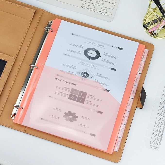 Koqye Binder Dividers with Pockets - 8 Plastic Dividers for 3 Ring Binders - A4 Bividers with Pocket & Tabs for Planners (Orange - 1 Pack)