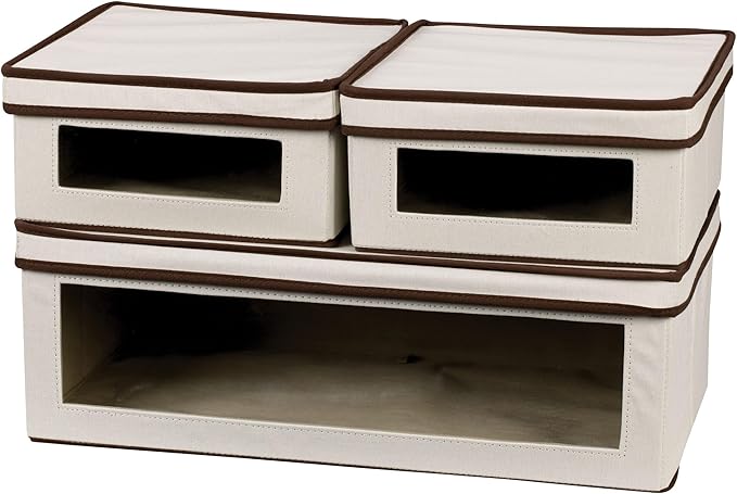 Household Essentials 510-3 Vision Storage Boxes with Lids | 3 Piece Set | Natural Canvas with Brown Trim