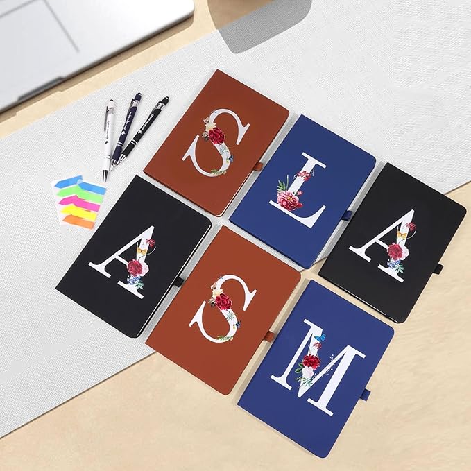 Premium Hardcover Executive Notebook and Pen Set - A5 Journal Notebook 192 Line Pages, 2 Smooth-Writing Ballpoint Pens, Arrow Sticky Notes - For Office & School Supplies Letter L Floral Design Black