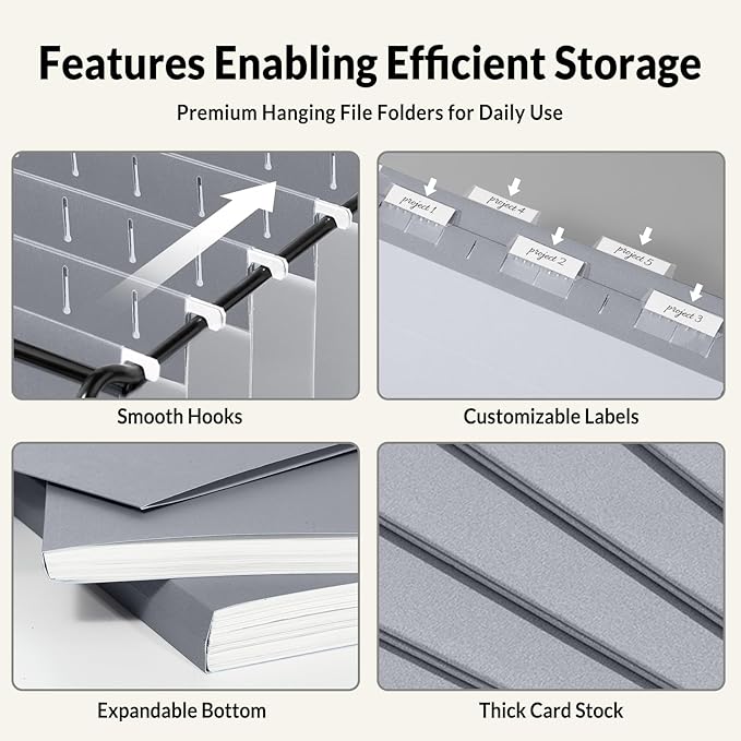 SUNEE 25 Pack Hanging File Folders, Gray Folders, Hanging File Folders Letter Size with 1/5-cut Tabs, Stay Organized for Your Home and Office Bulk File and Documents