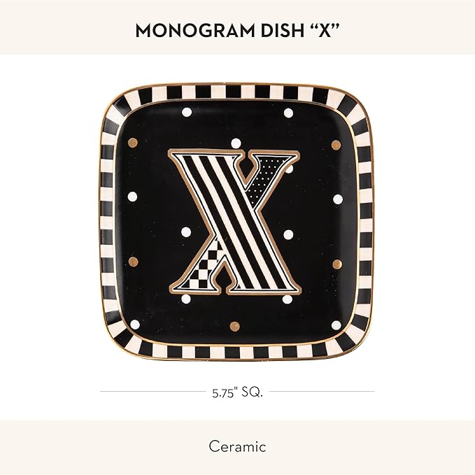 MACKENZIE-CHILDS Monogram Dish, Decorative Ceramic Letter Plate, 5 3/4" Square, X