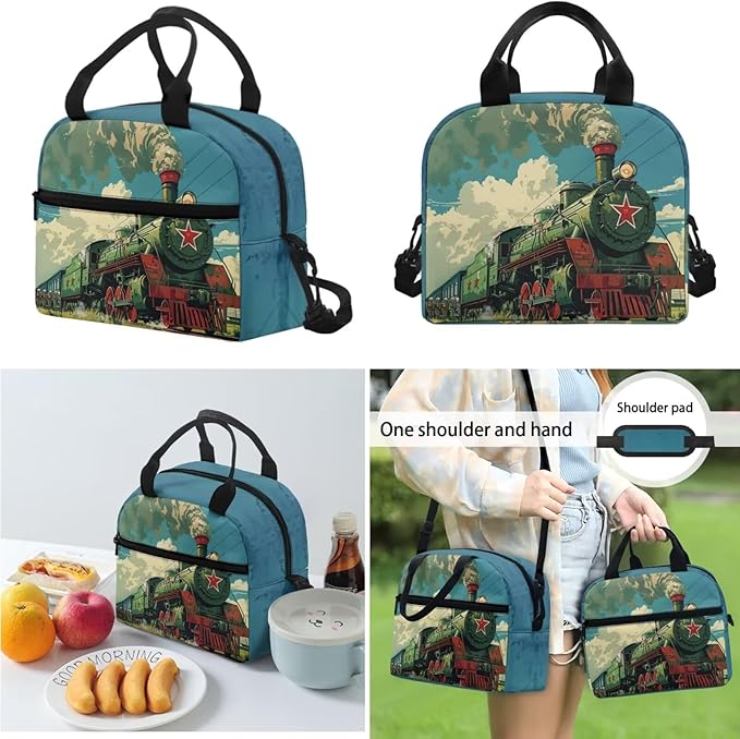 Vintage Train Backpack for Boys, Lightweight Kids Backpack with Lunch Box Cute Kawaii Pencil Case, Large Comfortable Boys Bookbag School Backpack for Elementary Middle School, Green