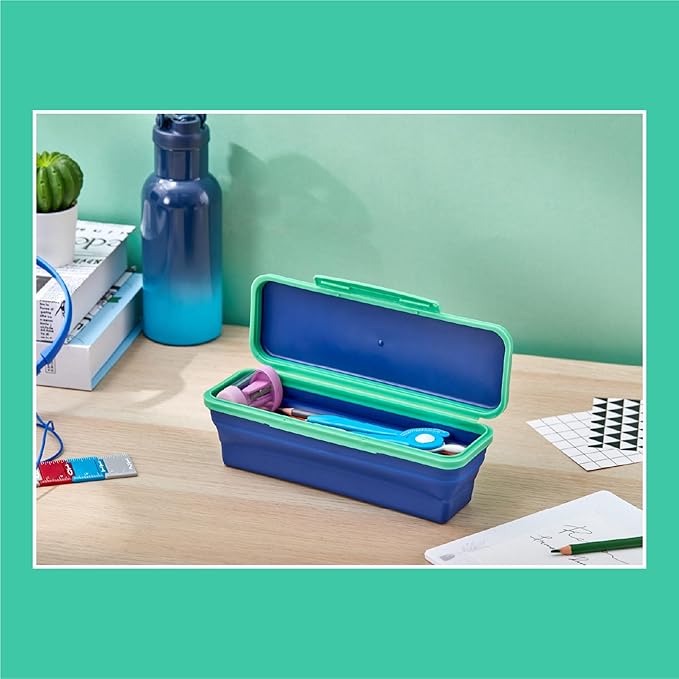 Bostitch LockerMate Flexi Storage Expandable Pencil Box, 1-3/4"H x 3" W x 8-3/4"D, Navy/Green