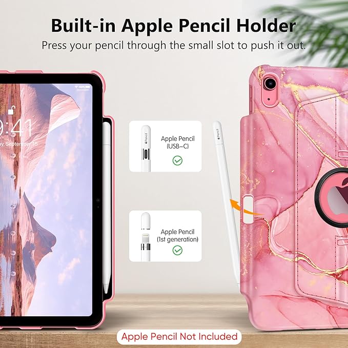 Fintie Rotating Case for iPad (A16) 11th Generation 11 Inch (2025), iPad 10th Generation 10.9 Inch (2022) - [Built-in Pencil Holder] 360 Degree Rotating Protective Stand Cover, Marble Pink