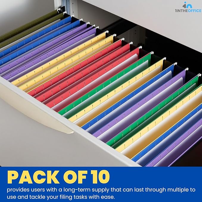 1InTheOffice Poly Expanding Hanging File Folders, Letter Size, Assorted,10/Pack