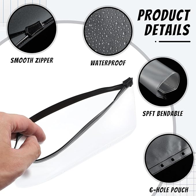 Zonon 30 Pcs A6 6 Rings Black Zipper Binder Pouches Clear Binder Pockets with Zipper Folders Waterproof PVC Loose Leaf Bags Filling Bags for Pen Pencil Notebooks File Document