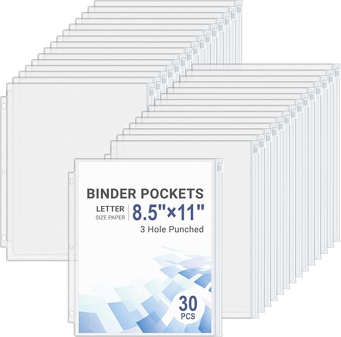 Antner 30pcs Letter Size Binder Pockets for 3 Ring Binder, White Zipper Document Organizer Pouches Heavyweight PVC 3-Hole Loose Leaf File Folders Page Sheet Protectors Side-Loading for Home Office