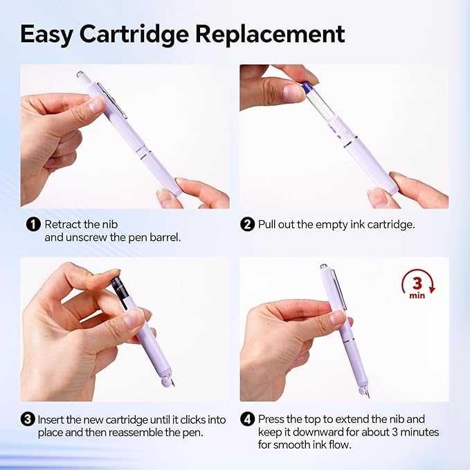 WRITECH Fountain Pen Fine Nib: Retractable Black Ink Pens Set Includes 5 Ink Cartridges Smooth Writing for Calligraphy Sketching Journaling Gift (Purple)
