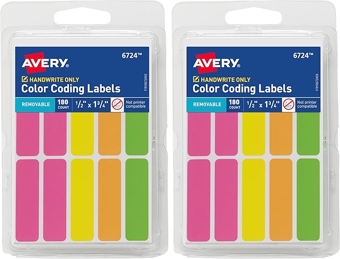 Avery Removable Color-Coding Labels, Removable Adhesive, 1/2" x 1-3/4", Assorted Neon Colors, 180 Labels (6724) (Pack of 2)