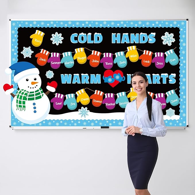 Winter Bulletin Board Decorations Winter Classroom Cutouts Snowman Snowflake Colored Gloves Paper Decors for Christmas Holiday School Classroom Chalkboard Home Door Wall Party Decor Supplies