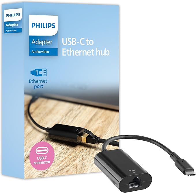 Philips USB C to Ethernet Adapter, Transfer Data 1 Gbps, Works w/Ethernet Cables, Portable USB C Adapter for MacBook Pro, MacBook Air 2018 and Later, iPad Pro 2018 and Later, XPS, Black, SWL3583B/37