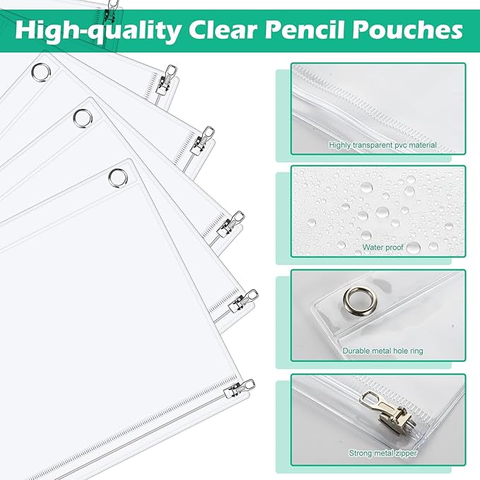 Lincia 12 Pack Clear Pencil Pouch for 3 Ring Binder Pencil Case with Zipper 3 Ring Binder Pocket Insert Bag 10 x 7'' Visible Cash Envelope with Re-enforced Grommet for Office (Clear)