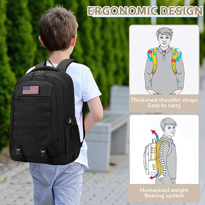 Backpack for Boys 3 in 1 Set, 19 Inch 55L Bookbag with Insulated Lunch Box Pencil Case, Molle School Backpack for Kids Teens, Outdoor Hiking Trekking Camping Travel for Elementary Middle High School