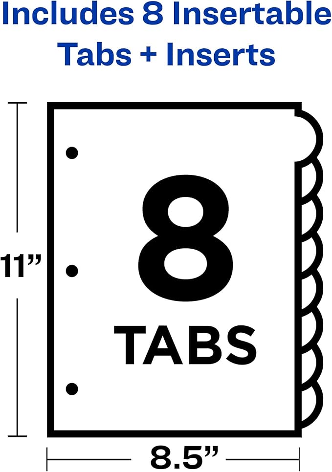 Avery Insertable Style Edge Plastic Dividers for 3 Ring Binders, 8-Tab Set, Multicolor, 1 Set (11201)