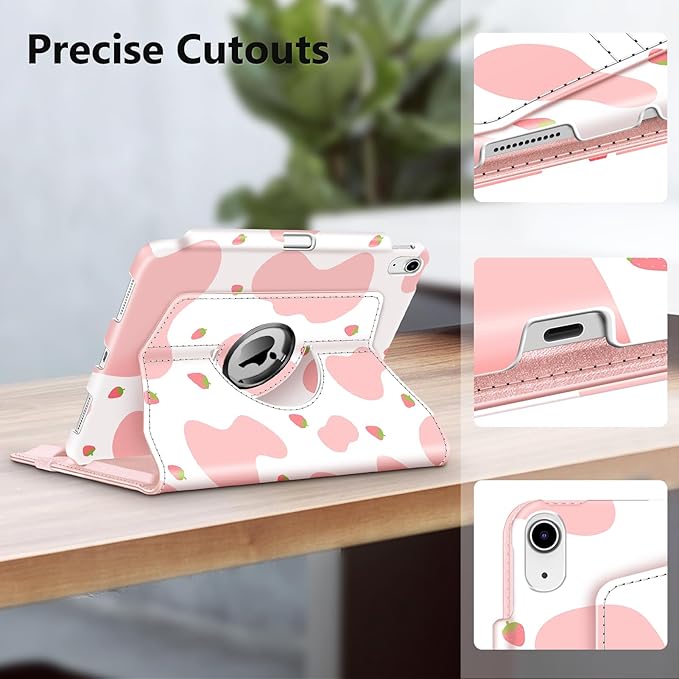 Fintie Rotating Case for iPad (A16) 11th Generation 11 Inch (2025), iPad 10th Generation 10.9 Inch (2022) - [Built-in Pencil Holder] 360 Degree Rotating Protective Stand Cover, Strawberry Cow