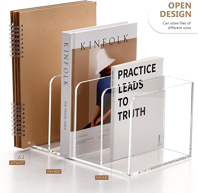SANRUI Acrylic Magazine Holder Desk Organizer Workspace Sorters，Clear Bookend File Sorter Holder,Folder Rack, Office Accessories Organization Storage with 4 Vertical Compartments