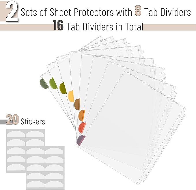 Mr. Pen- Clear Sheet Protectors with Tabs, 8 Tabs, 2 Sets, Clear Plastic Dividers for 3 Ring Binder, Insertable Index Page Divider Multicolor Tabs
