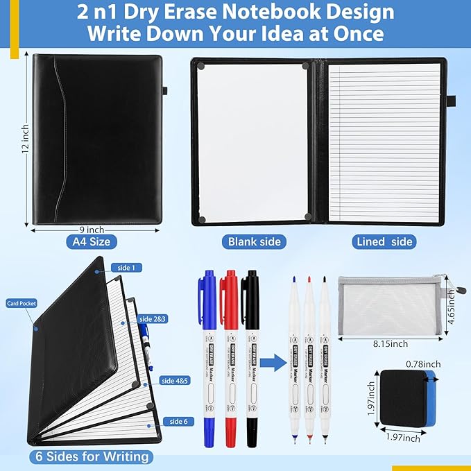 6 Sides Dry Erase Notebook Portable Whiteboards Notebook Small Reusable College Ruled Lined Board Folding Mini Travel Dry Erase White Board for Office Study(Black,A4: 9 x 12 Inches)