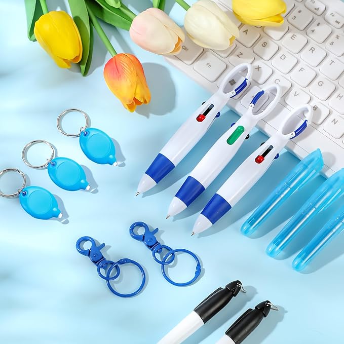 Chinco 30 Pcs Retractable Shuttle Pen Clip with Mini Highlighter Nurse Badge Pen Neon Marker LED Keychain Ring Clip