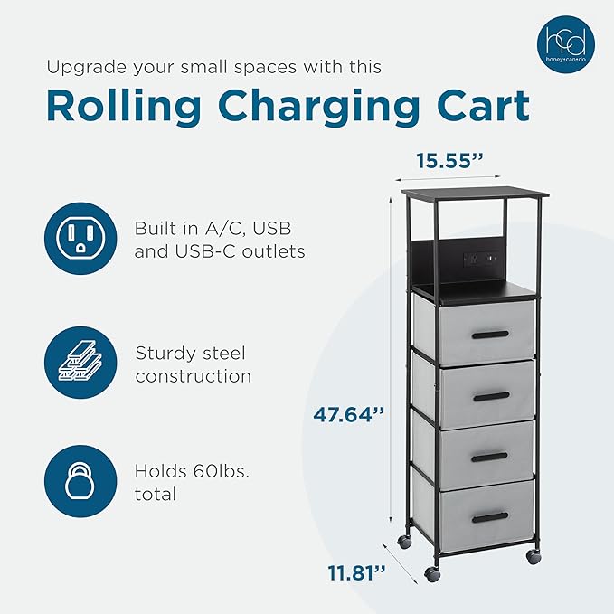 Honey-Can-Do Rolling Cart with 4 Drawers, Fabric Small Dresser Organizer Vertical Storage with Charging Station (USB and USB-C), Nightstand Side Table for Dorm Room, Bedroom, Black and Gray