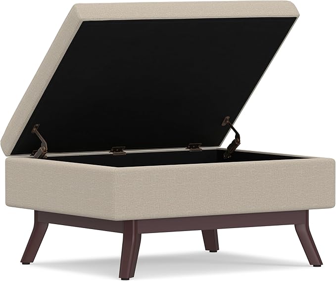 SIMPLIHOME Owen Coffee Table Storage Ottoman - 34 inch Wide Upholstered Linen Look Fabric Rectangular Lift-Top Ottoman in Natural, Mid-Century Modern Bench for Living Room with Tapered Legs
