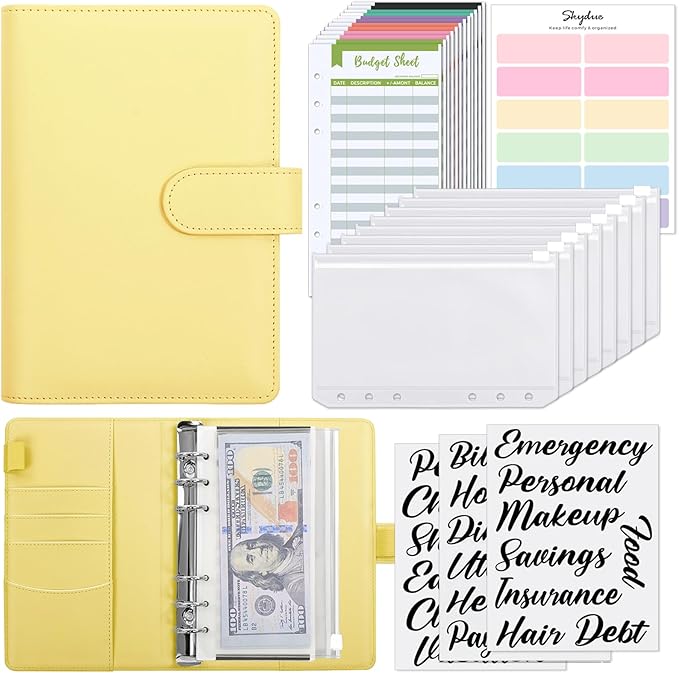 SKYDUE Budget Binder with 8pcs Zipper Envelopes, Money Organizer for Cash with 12pcs Expense Budget Sheets & 24 Blak Sticky Labels, Budget Book with Cash Envelopes, Yellow, A6 (1008HYJ-HZ_A6Yellow)