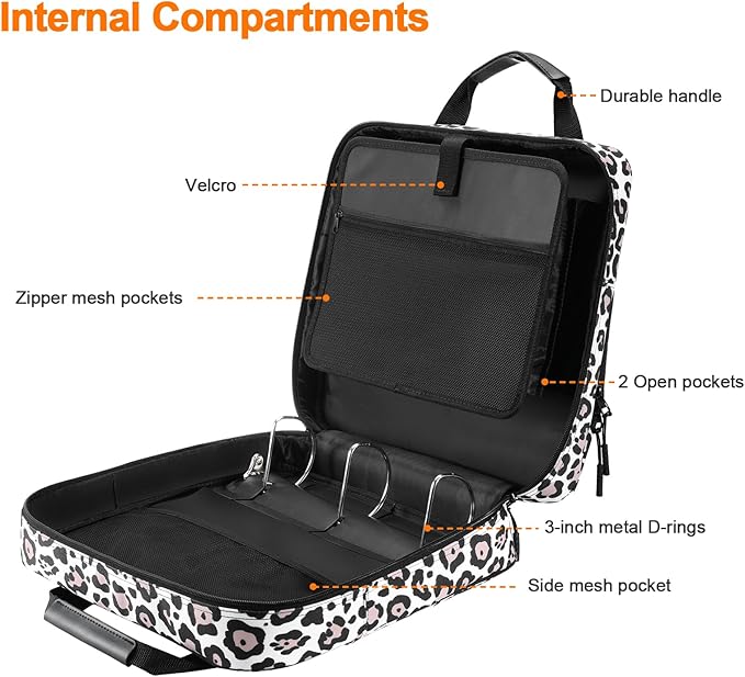 3 Ring Zipper Binder Inch D-Ring, with Strap 600 Sheet Capacity & Multi-Pockets School and Office Organizer, Compatible 13-Inch MacBook (Patent Design Leopard) 3Inch-D-ring