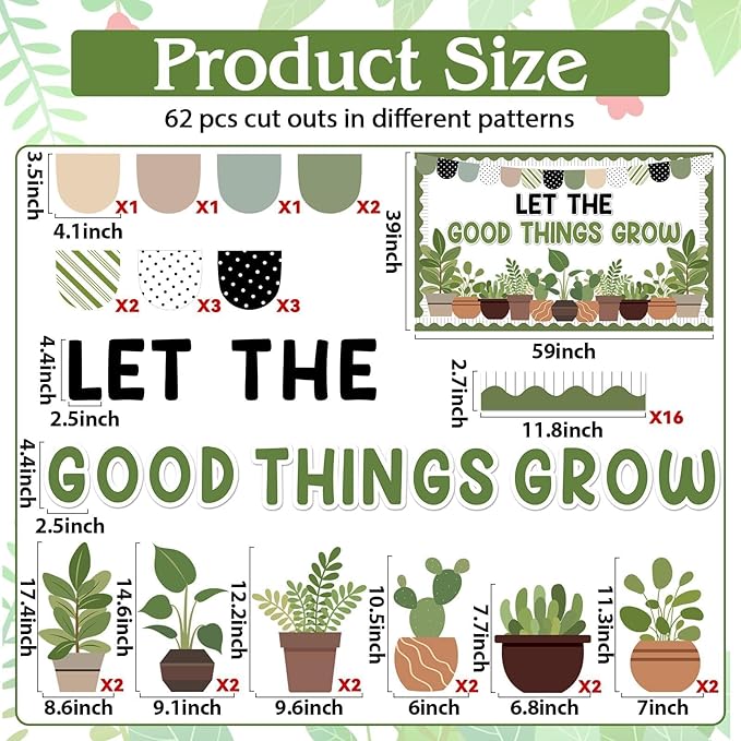 ZOiiWA Spring Potted Plant Bulletin Board Set Spring Greenery Classroom Bulletin Board Decoration Motivational Plant Cutouts Let The Good Things Grow Paper Cutouts Kit for School Home Office Decor