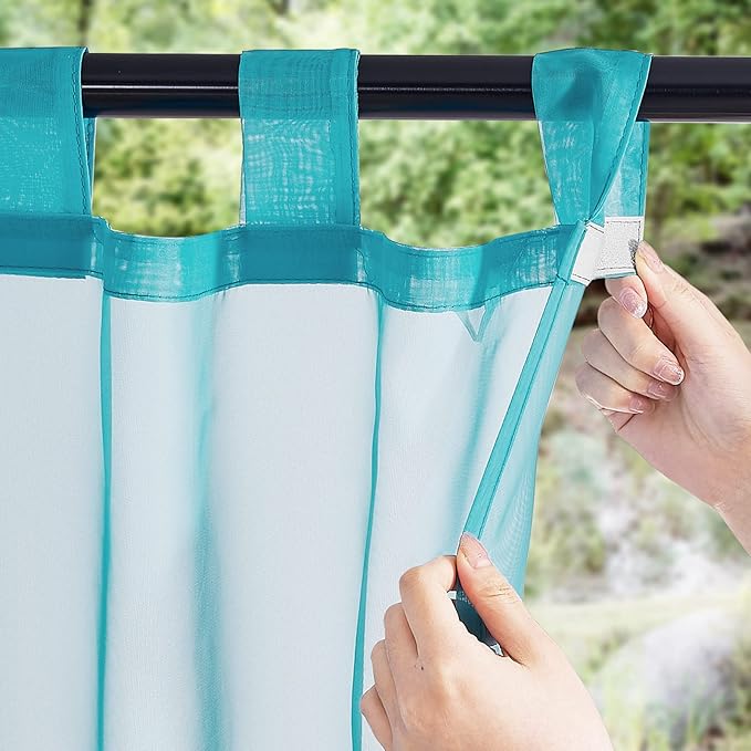 NICETOWN 2 Panels Outdoor Sheer Curtains for Patio Waterproof, Detachable Sticky Tab Top Elegant & Airy Sheer Lightweight Drapes for Pergola/Cabana, Turquoise, W54 x L108
