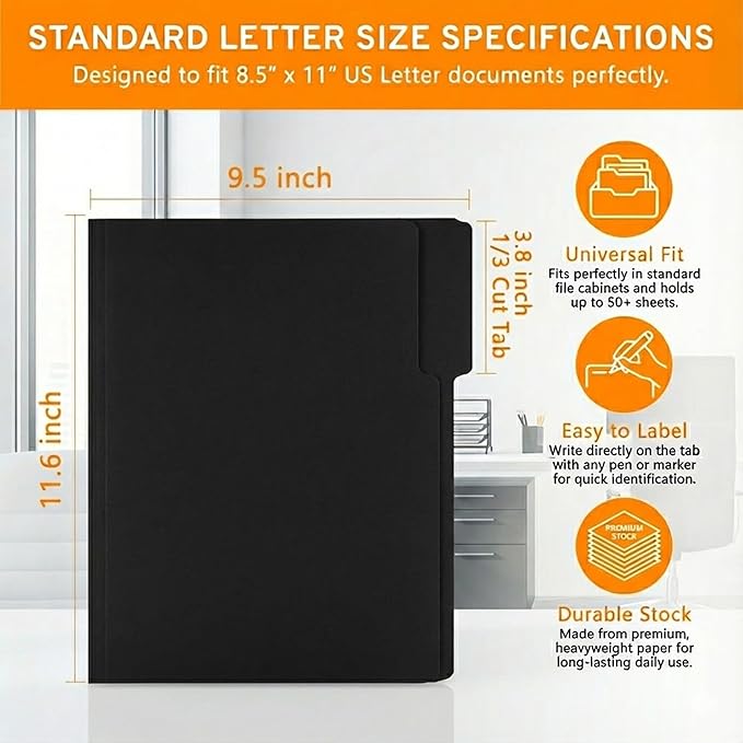 150 Packs File Folders,1/3-Cut Tabs,Black Letter Size File Folder,8.5x11 File Folders for Office,School and Home,Organizer File Folder