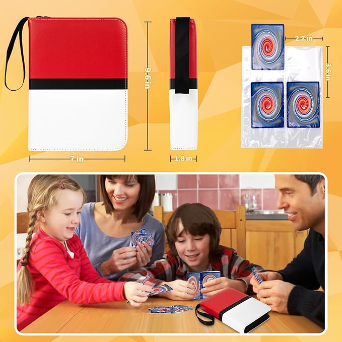 4 Pocket Trading Card Binder,400 Pockets Trading Card Collection Book with Sleevese,3-ring Zipper Sports Card Album with 50 Removable Double-Sided Card Holder for Standard Size Cards(Red)