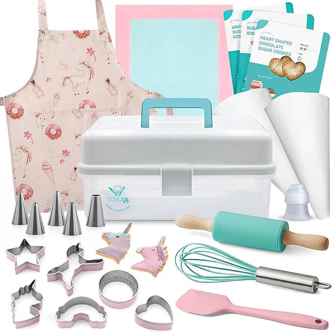 Tovla Jr. Kids Baking Gift Set with Storage Case - Unicorn Baking Gift Set for Kids-Real Cooking Utensils for Cookie, Cupcakes and Decorating