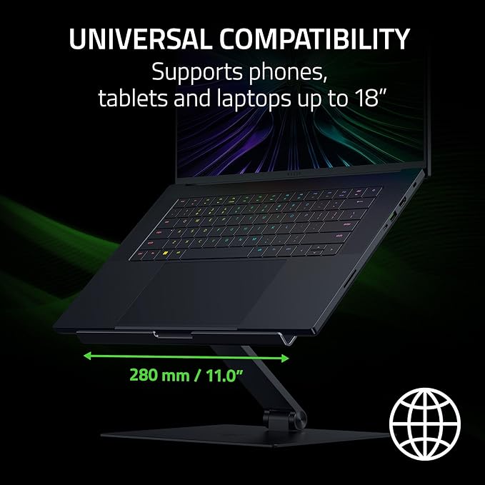 Razer Adjustable Laptop Stand: Supports Phones, Tablets, Laptops, Macbooks up to 18" - Adjust Height and Tilt - Durable Aluminum Construction - Vented Design - Foldable for Storage & Travel - Black