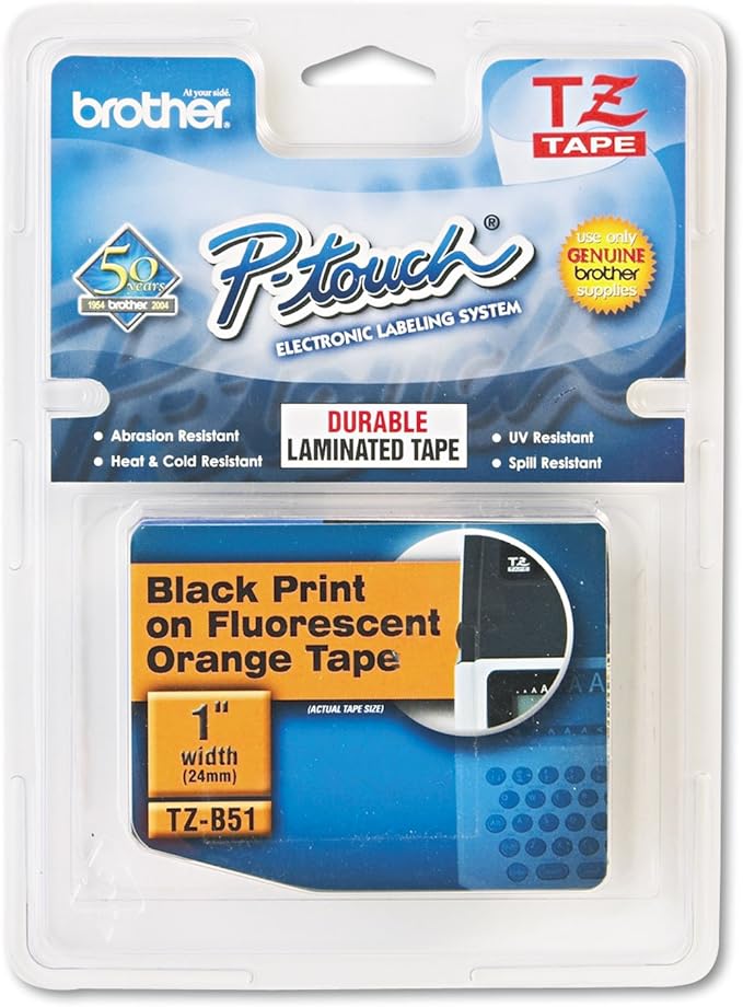 Brother Genuine P-touch TZE-B51 Tape, 1" (0.94") Wide Standard Laminated Tape, Black on Fluorescent Orange, Laminated for Indoor or Outdoor Use, Water-Resistant, 0.94" x 16.4' (24mm x 5M), TZEB51