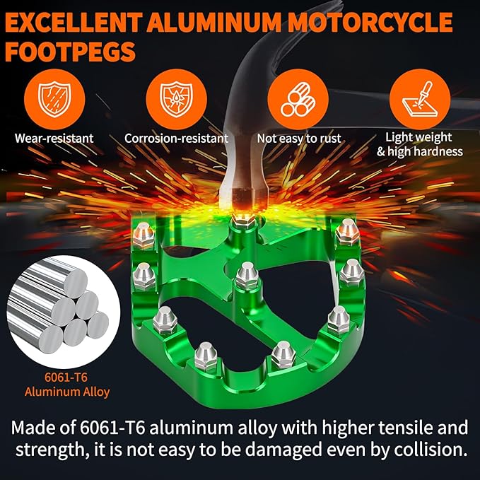 Nilight Motorcycle Foot Pegs Dirt Bike Footpegs Fit for Kawasaki KDX200 1995-2005 KDX200R 1997-2001 KDX220R 2002-2005 KDX250 1991-1994 KX125 KX250 KX500 Heavy Duty CNC Foot Rests Pegs Pedal, Green