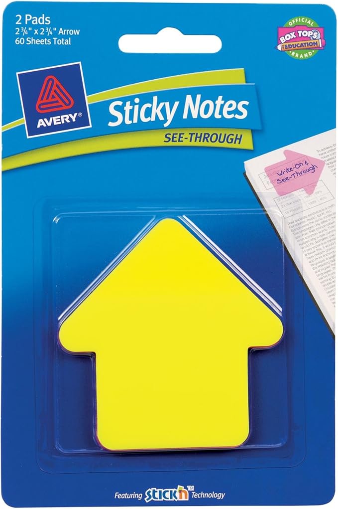 Avery Sticky Notes, See-Through, Large Arrow, 2.75 x 2.75 Inches, Yellow and Magenta, 60 Sheets (22590)