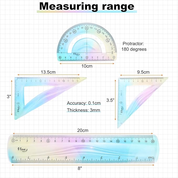 HARFINGTON 4pcs Triangular Ruler Set 20cm Plastic Flexible Straight Metric Soft Bendable Ruler Geometric Protractor Triangle Rulers for Home Office