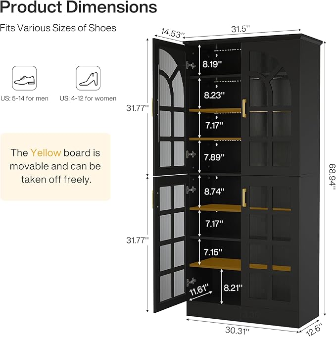 Tribesigns 69" Tall Shoe Cabinet with Doors and Led Light, 8-Tier Wooden Shoe Rack Organizer with Adjustable Shelves, Narrow Shoe Storage Cabinet for Entryway, Hallway, Living Room, Black