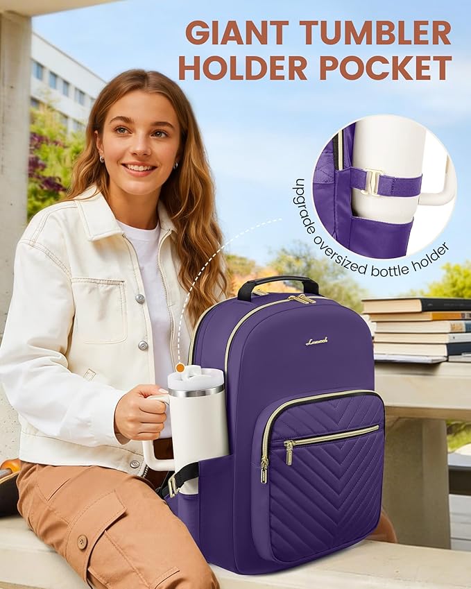 LOVEVOOK Laptop Backpack for Women with Giant Tumbler Holder 17.3 inch,Designer Travel Backpack Laptop Bag College Backpack,Quilted Work Nurse Teacher Backpack Purse Computer Bag Daypack,Royal Purple