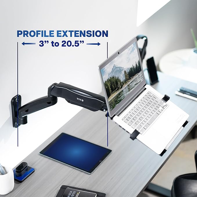 VIVO Height Adjustable Pneumatic Extended Arm Laptop Wall Mount, Full Motion Articulating Notebook Tray, Fits 10 to 15.6 inch Screen, Black, MOUNT-V001GL