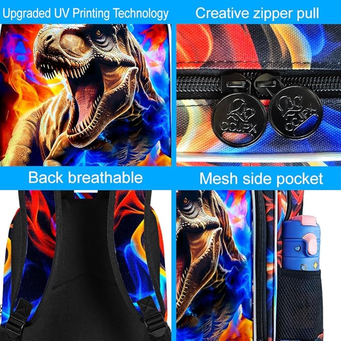 KLFVB 3PCS Boys Bookbag Set, 17" Dinosaur Bookbag and Lunch Box, Water Resistant Teenagers School Backpacks for Middle Elementary - Flame T-Rex