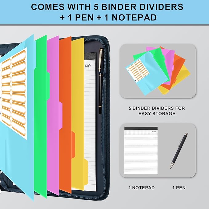 Eshow Portfolio Organizer - 3 Ring Binder with Zipper, Vegan Leather Business Padfolio Folder with Notepad Includes 5 Color Sheet Protectors for Documents Files for Men Women