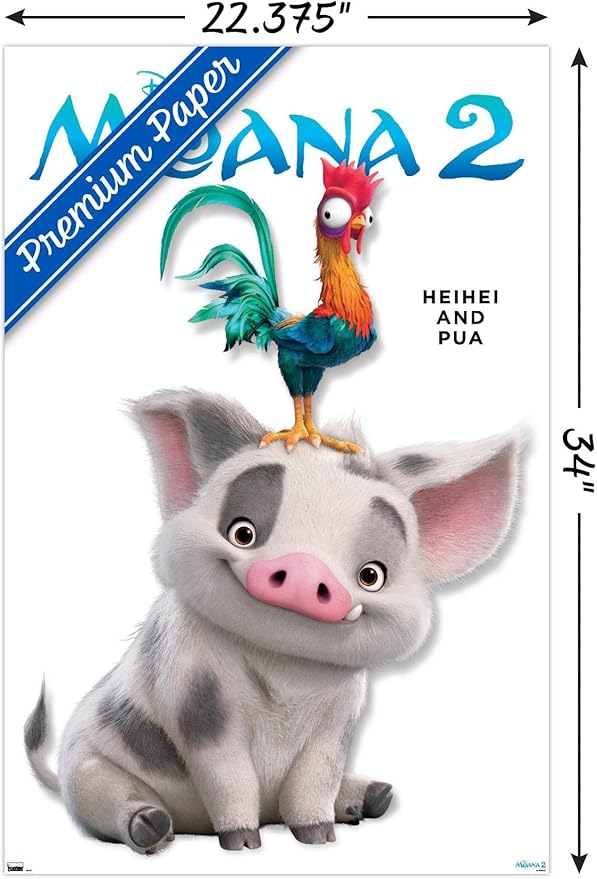 Disney Moana 2 - Heihei and Pua Feature Series Wall Poster, 34L" x 22.4W", Premium Poster & Mount Bundle