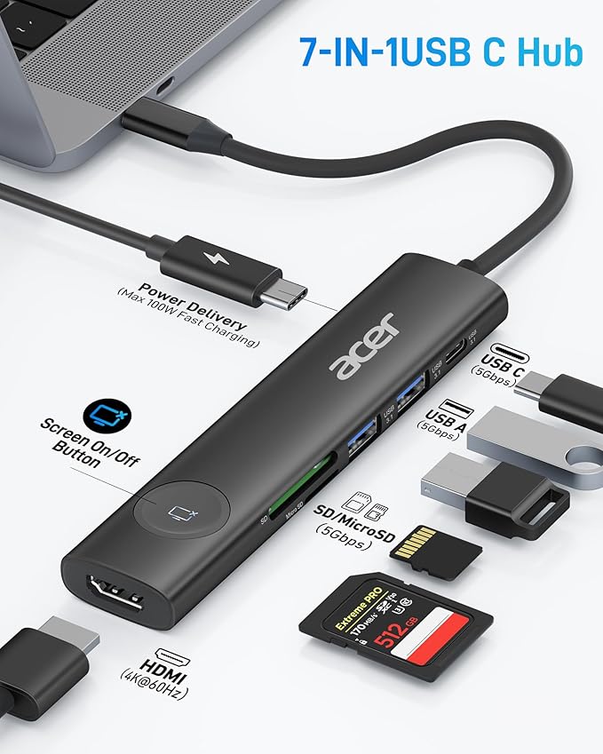 Acer USB C HUB Multiport Adapter, 7 in 1 USB-C to HDMI Adapter with 4K@60Hz, 100W PD, 5Gbps 2*USB-A 3.1, 1*Type-C 3.1, SD Card Reader Type C Dongle for iPhone 16/15, MacBook Pro/air, iPad, Acer(Black)