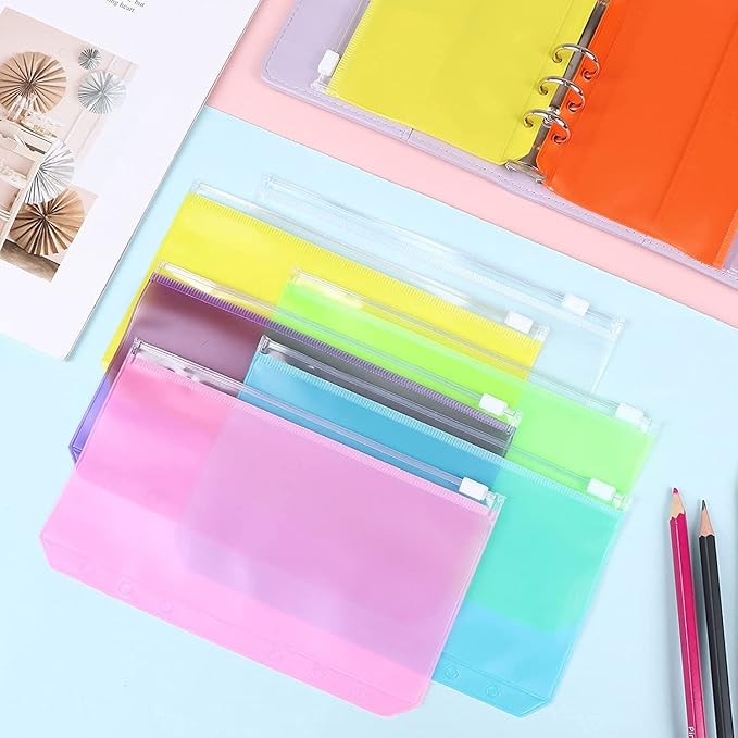 7 Pack A6 6 Holes Binder Pockets Plastic Binder Zipper Folders Waterproof 6 Holes Zipper Loose Leaf Bags Zip Lock Envelope for Documents Notebooks Cards (7 Color Zip Pocket, A6)