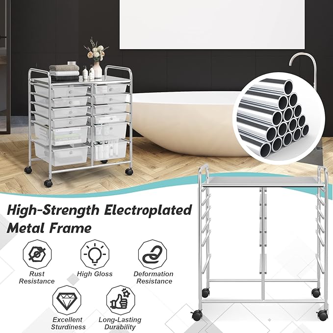 COSTWAY 12-Drawer Rolling Storage Cart, Moveable Art Craft Organizer W/Lockable Wheels, Metal Shelf, Files Arrangement Tools Makeup Storage Cart for Office, Home, School (Clear)