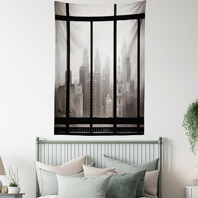 Ambesonne City Tapestry, Philadelphia City Rooftop View Through Window Skyline Landmark Rooftop Travel, Fabric Wall Hanging Decor for Bedroom Living Room Dorm, 30" X 45", Grey Black