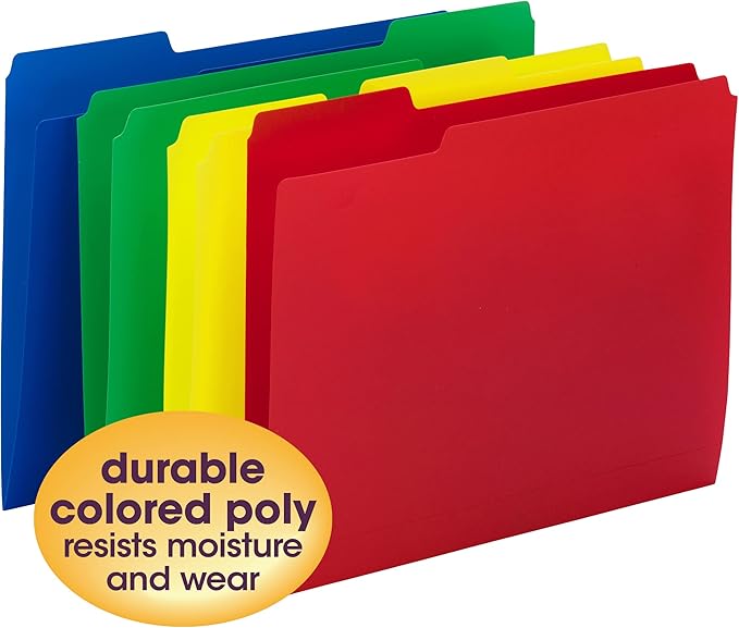 Smead Poly File Folder, 1/3-Cut Tab Letter Size, Assorted Primary Colors, 12 per Pack (10505)