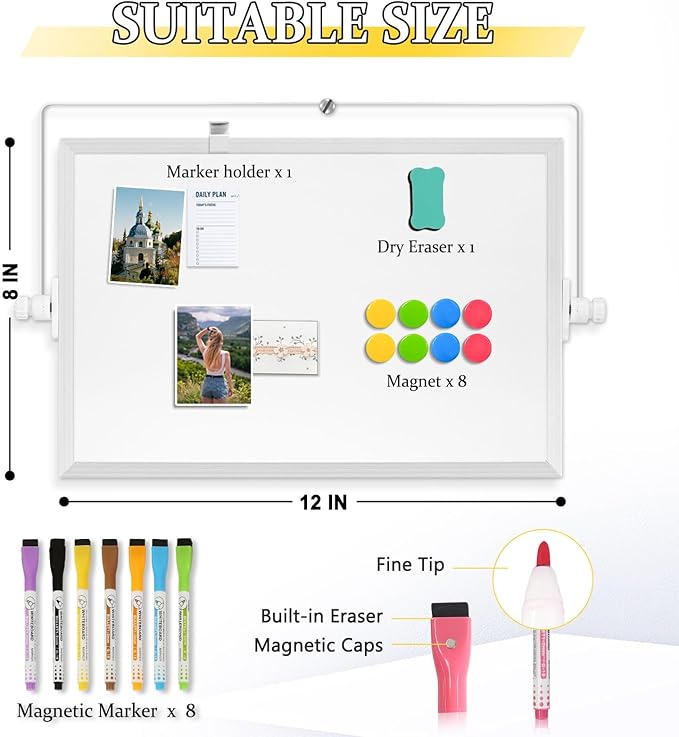 Dry Erase Magnetic White Board, 8" x 12" Double-Sided Desktop Whiteboard with Stand, Portable Small Whiteboard Set for Drawing, Office, Home